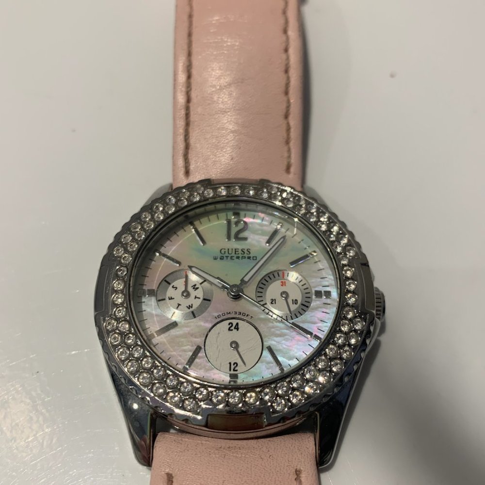Guess Watch with surrounding Crystal Embellishments - Pink Leather Strap